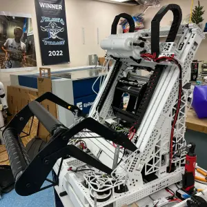 The robot mid-build in the shop