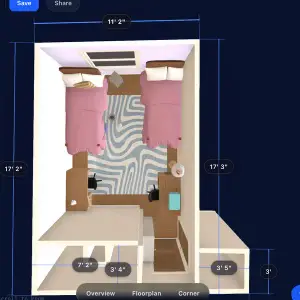 Top-down 3D model of a dorm room in RoomScope