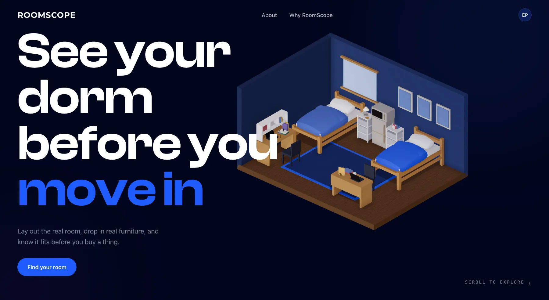 RoomScope home page: See your dorm before you move in, beside an isometric model of a dorm room