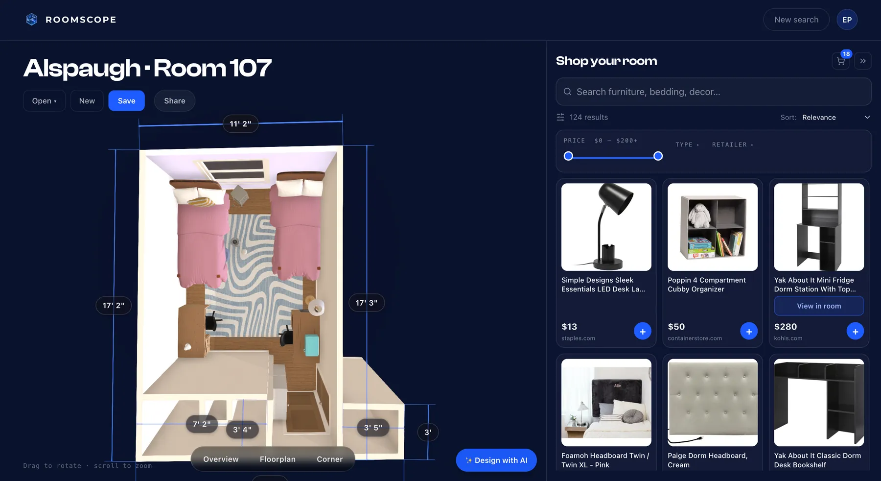RoomScope showing Alspaugh Room 107 as a 3D model with wall dimensions labeled, next to a panel for shopping furniture that fits