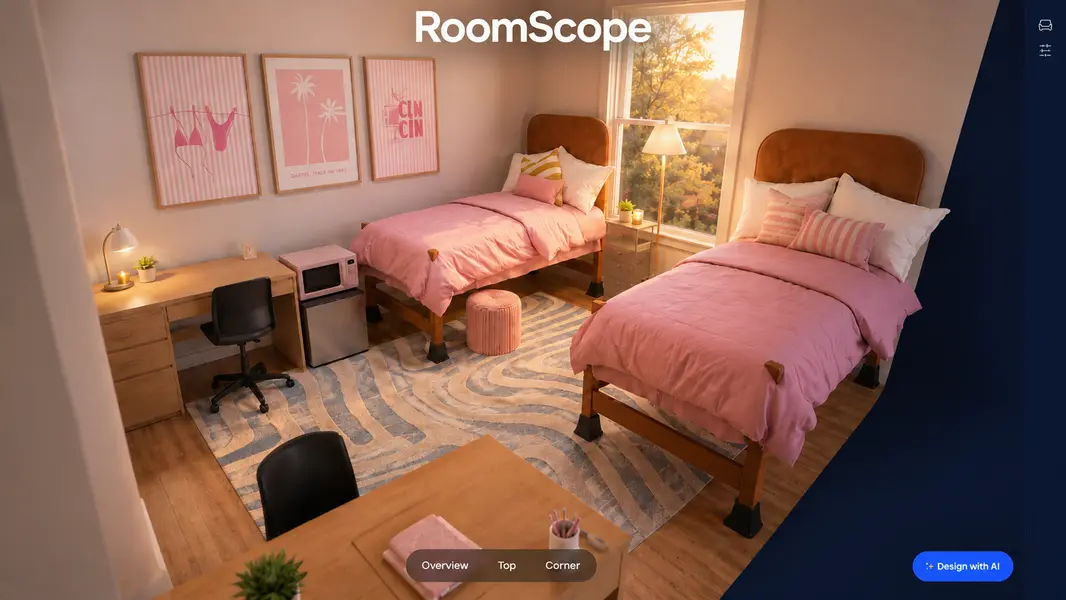 RoomScope render of a furnished two-bed dorm room in warm evening light