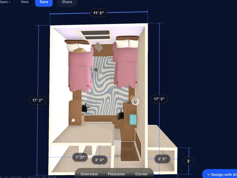 Top-down 3D model of a Duke dorm room in RoomScope with wall dimensions labeled