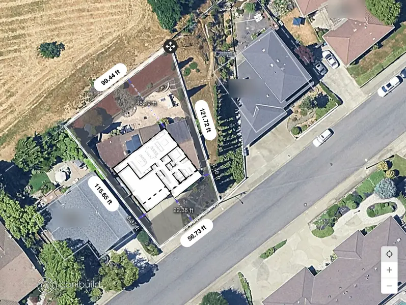 Aerial view of a residential lot with a Veev home floor plan placed on it and the lot lines measured in feet